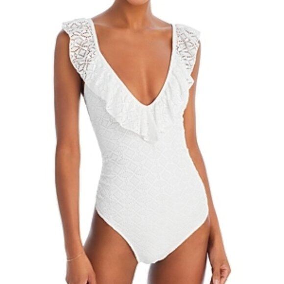 Ramy Brook Tinsley Lace Ruffle Trim One Piece Swimsuit Size M White - Picture 1 of 1